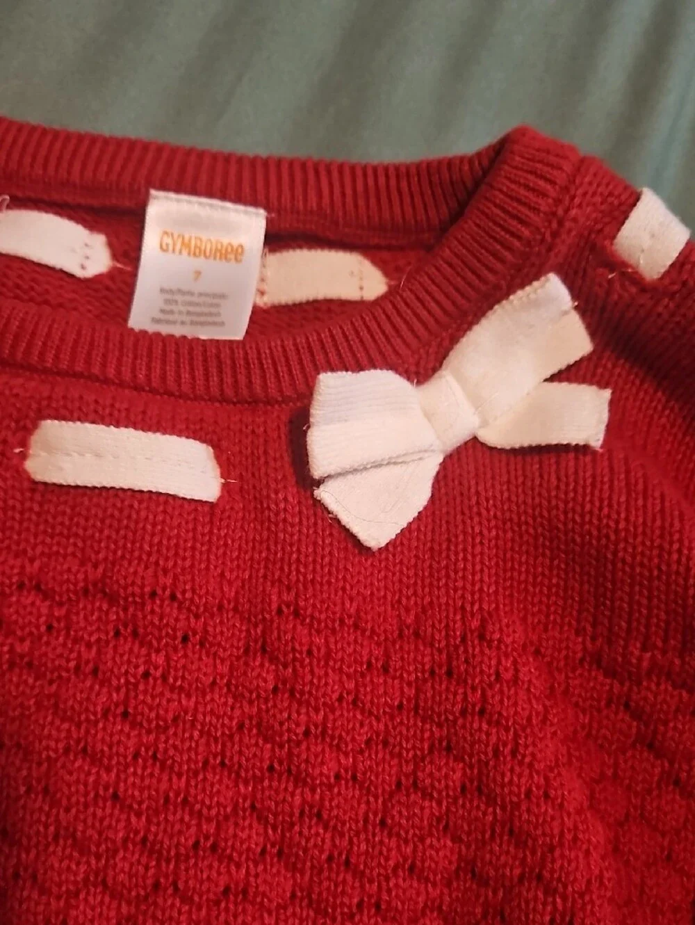 Gymboree Red Textured Crewneck Sweater with White Bow Accents - Size 7